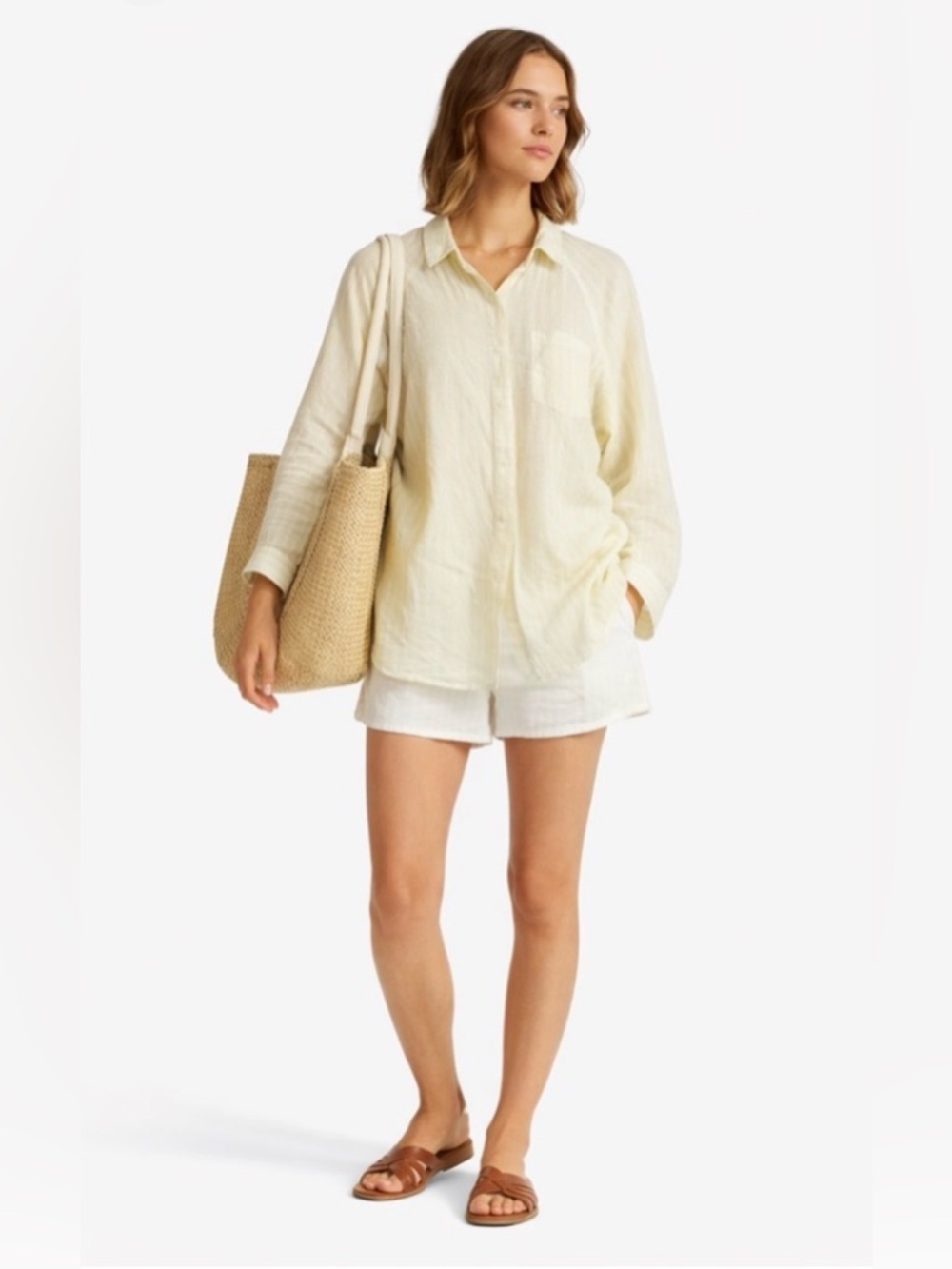 Universal Thread Linen Blend Button Up Shirt Top - Large - Yellow White Stripe